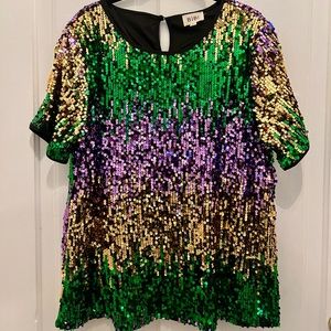 Mardi Gras Sequin blouse - purple, green, gold with black trim